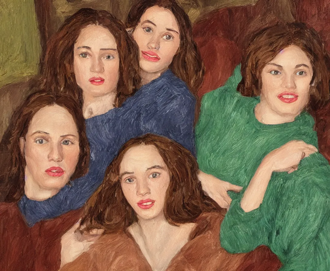 Image similar to close up portrait of pretty bella and esther with brown hair lying horizontal next to each other, in an old english apartment on a brown leather sofa. one is wearing a dark blue sweather, the other a white shirt. close up. in the style of lucien freud. oil painting. green light. thick colorful brush strokes. smiling