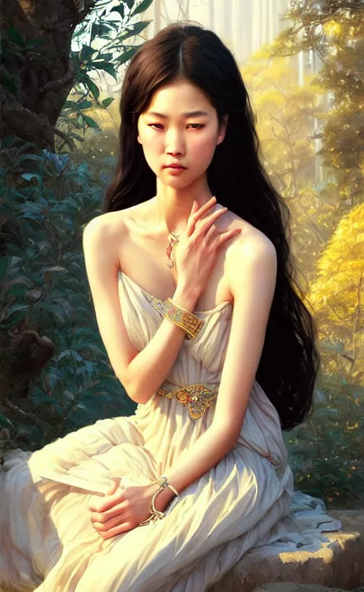 Image similar to a beautiful young charming asian goddess with sundress and jewelry | | winter, realistic shaded, unpleasant face, good looking, fine details, dior, lv, realistic shaded lighting poster by greg rutkowski, macoto takahashi, magali villeneuve, artgerm, jeremy lipkin and michael garmash