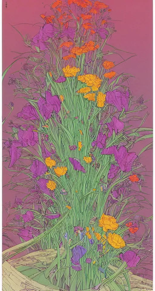 Image similar to beautiful flowers by mœbius, overdetailed art, colorful, record jacket