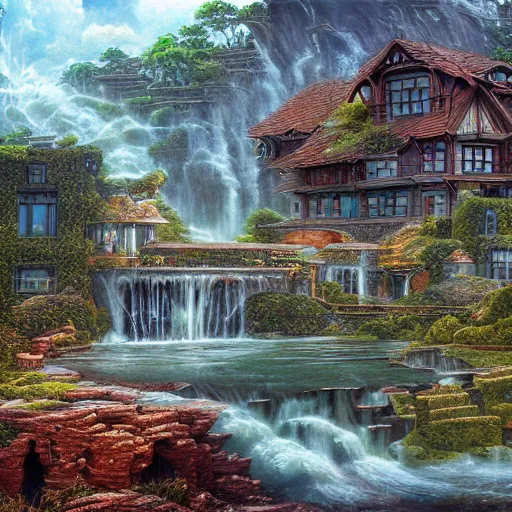 Image similar to water elemental mansion, watery aspect on everything,architecture photography,Studio Ghibli,color grading and detail showcase,insanely detailed painting by james gurney