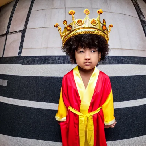 Prompt: tiny King wearing oversized robes and oversized crown stares smugly at camera, high angle, fisheye lens