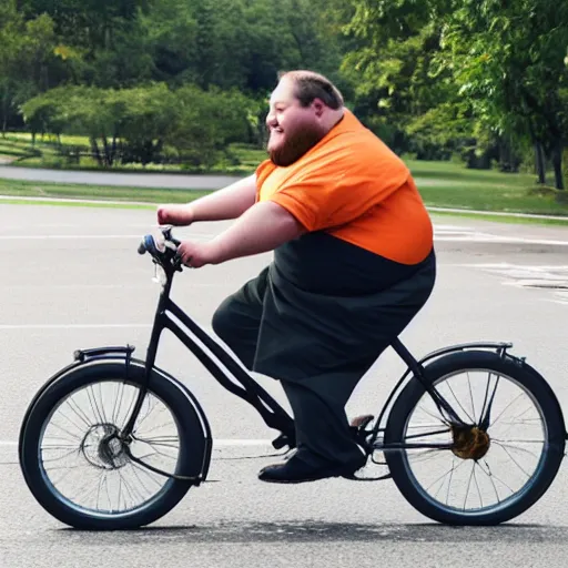 Prompt: a fat man riding a small bicycle