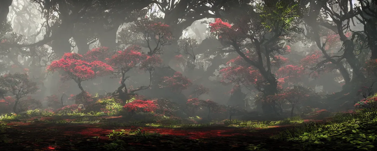 Image similar to a stunning wide shot view of a mythical rainforest, colorful trees, screenshot from bloodborne