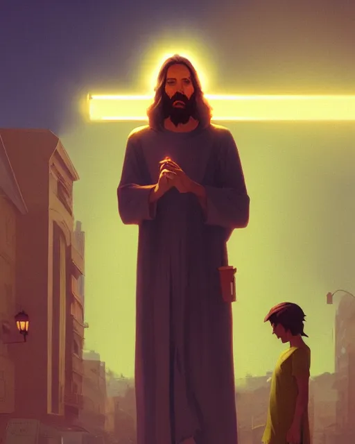 Image similar to highly detailed vfx portrait of jesus smoking a cigarette under a street light, unreal engine, greg rutkowski, loish, rhads, beeple, makoto shinkai and lois van baarle, ilya kuvshinov, rossdraws, tom bagshaw, alphonse mucha, global illumination, detailed and intricate environment