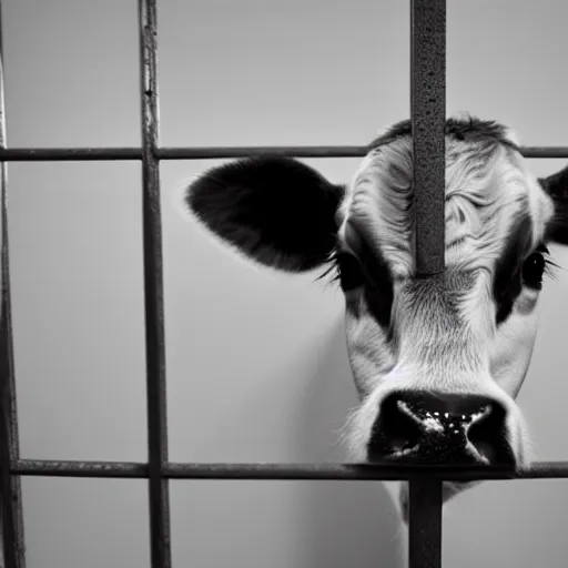 Prompt: mugshot of a cute calf with big eyes dressed as an inmate inside a jailcell