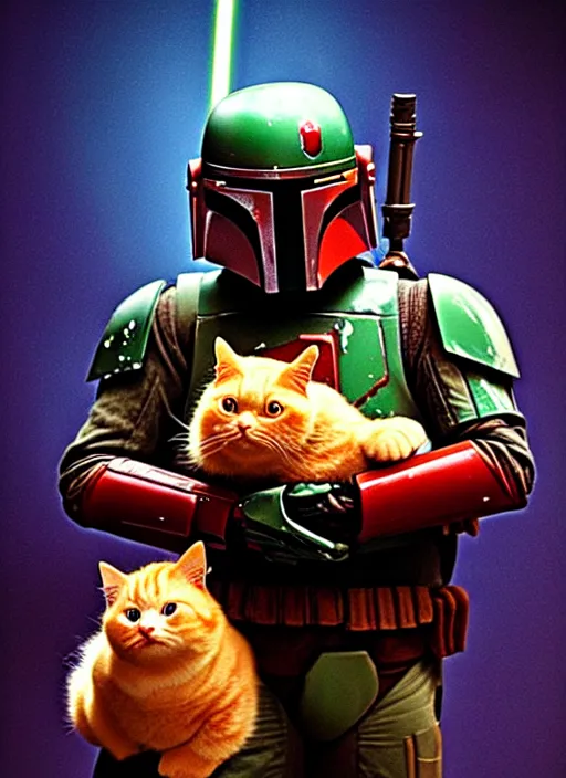 Image similar to boba fett holding a fat ginger cat in his arms, star wars, beautiful glowing lights, sci - fi, stunning, intricate, elegant. highly detailed, film still.