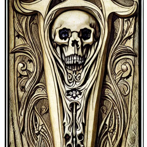 Prompt: memento mori detailed art nouveau bone carving by arthur rackham, gothic, intricately carved antique bone, skulls