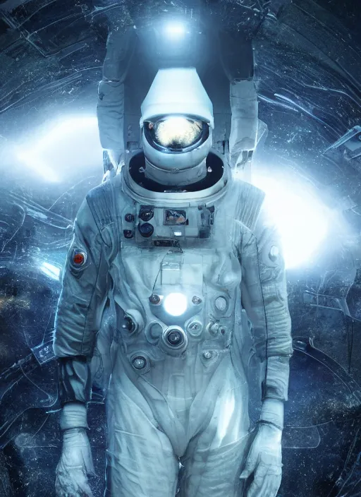 Image similar to symmetry concept art by craig mullins astronaut in futuristic dark and empty spaceship underwater. infrared glowing lights. complex and hyperdetailed technical suit. reflection and dispersion materials. rays and dispersion of light. volumetric light. 5 0 mm, f / 3 2. noise film photo. flash photography. unreal engine 4, octane render. interstellar movie art