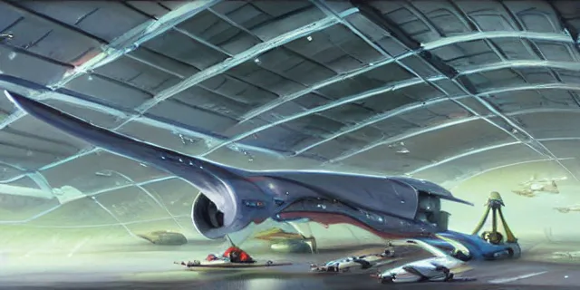 Image similar to a painting of a sci fi hangar, by jesper ejsing