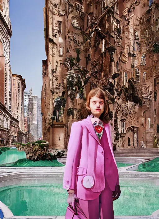 Image similar to a beautiful girl in a gucci outfit is manifesting a new city, mini magic city, hidden doors with secret surprises, magical details, high detail, 8 k, perfect faces, photographed by maurizio cattelan and pierpaolo ferrari, and petra collins