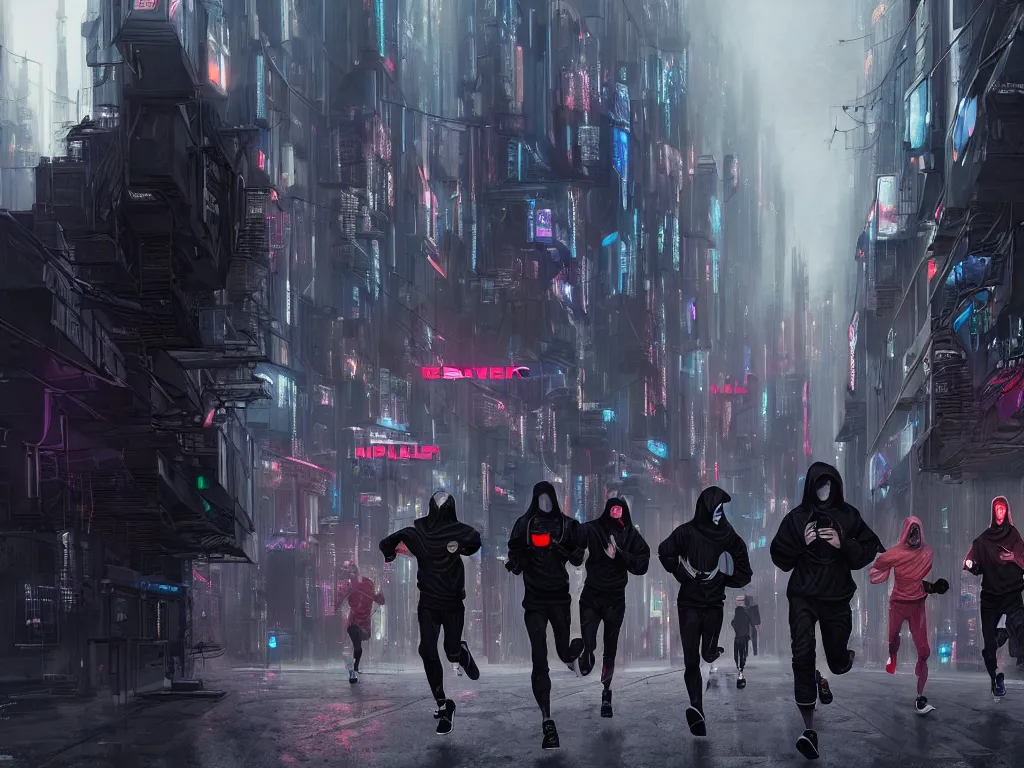 Prompt: a hyperrealistic matte painting of a group of rebellious hackers, clothed in techwear, running through the streets of a dystopian city, matte painting, intricate detail, polished, cyberpunk style, concept art, trending on artstation