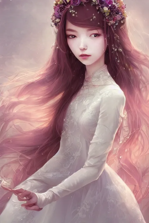 Image similar to romantic and fashion and love princess of the flower with sheath dress, 8 k realistic, teenager girl, baroque, symmetrical, flowing hair, smile, trending pinterest and pixiv, muted colors, hyperrealistic, l close up shot, character concept art, face by kyoung hwan kim, alexandra fomina, ilya kuvshinov