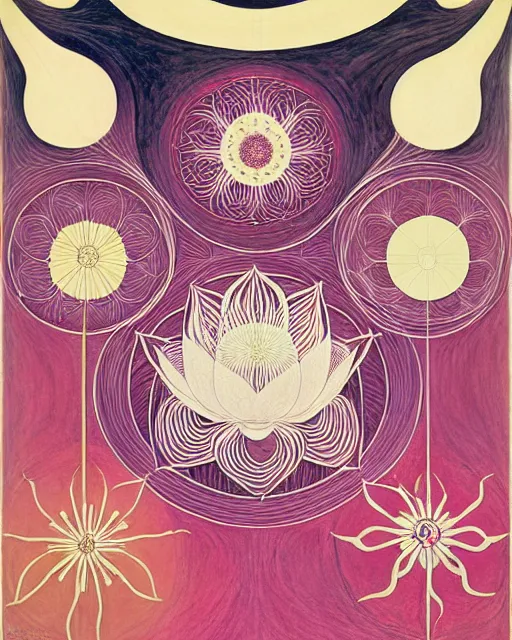 Prompt: blossoming lotus, rhythm, imperil, by hilma af klint, moebius, victo ngai, laurie greasly