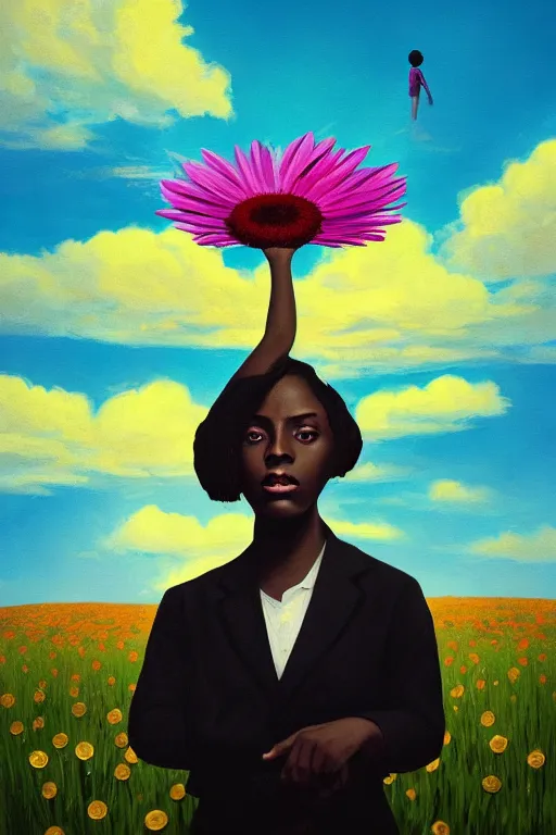 Prompt: portrait, giant daisy flower as head, black woman in suit, surreal photography, golden hour, colorful clouds, impressionist painting, digital painting, artstation, simon stalenhag