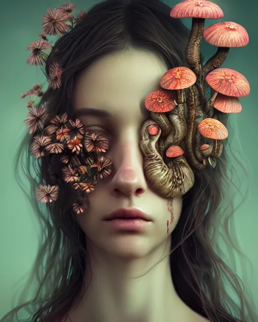 Image similar to a digital portrait of a beautiful sad woman with flowers and fungus growing out of her head and eyes, intricate, sharp focus, digital illustration, highly detailed, octane render, digital painting, matte, art by professional artist