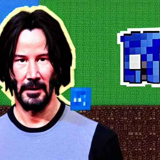 Image similar to Keanu Reeves in style of Minecraft plays Minecraft, screenshot from Minecraft