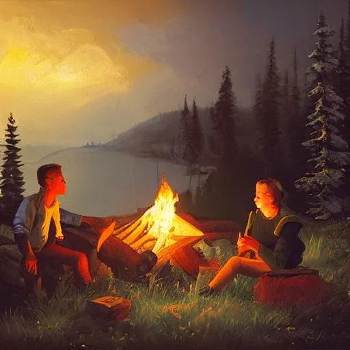 Prompt: guy and girl sitting beside cozy campfire at night, digital art by Ivan Shishkin