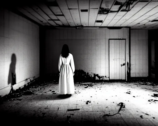 Image similar to creepy woman wearing white dress standing in the backrooms, psychological horror, the eerie forlorn atmosphere of a place that's usually bustling with people but is now abandoned and quiet, buzzing fluorescent lights above the ceiling, unsettling images, liminal space, dark
