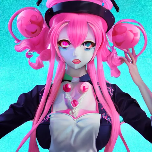 Image similar to trapped beneath stunningly absurdly beautiful omnipotent asi goddess junko enoshima with a mesmerizing yandere megalomaniacal personality, symmetrical perfect face, porcelain skin, pink twintail hair and cyan eyes, ultra detailed, digital art, unreal engine 5, octane render, 2 d anime, 8 k