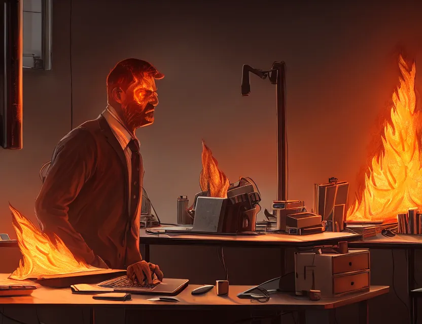 Image similar to a man works at a workstation in a very big office with burning fires, close up, featured in artstation, intricate, ultra detailed, unreal engine, concept art, wide - angle lens, sharp focus, illustration, 8 k