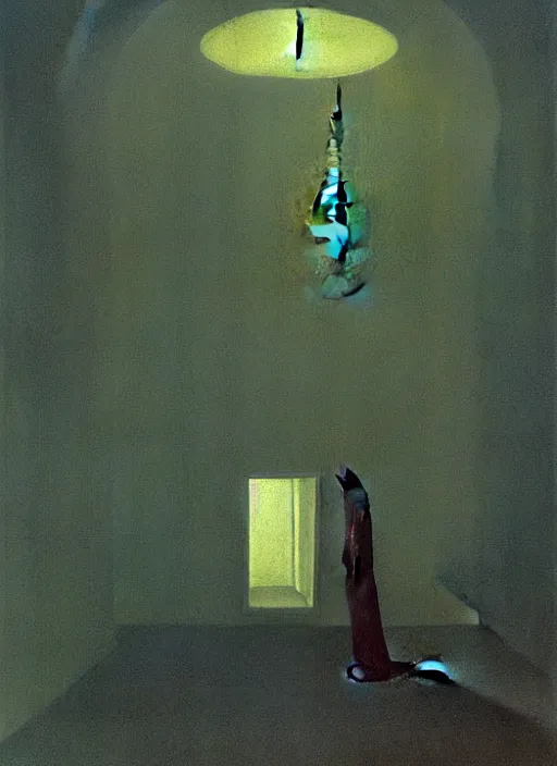 Prompt: a man wrapped in tin foil lingering at liminal, haunted space by Edward Hopper and James Gilleard, Zdzislaw Beksinski, highly detailed