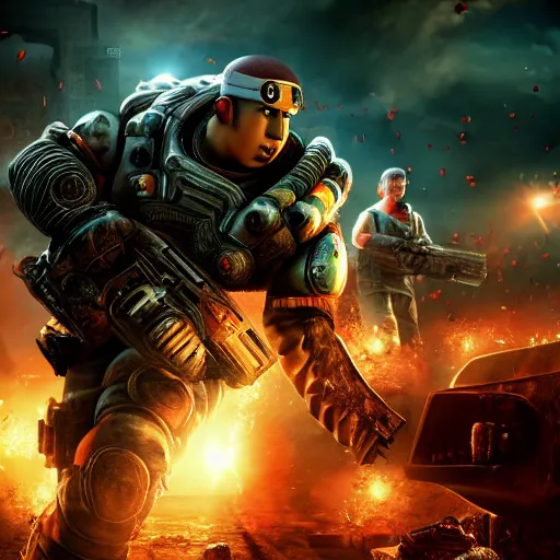 shin chan in Gears of War, splash art, movie still, | Stable