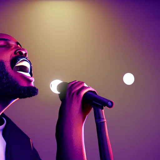 Image similar to a black man singing with all teeth shown ultra realistic, lens flare, atmosphere, glow, detailed, intricate, full of colour, cinematic lighting, trending on artstation, 4 k, hyperrealistic, focused, extreme details, unreal engine 5, cinematic, masterpiece, ultra realistic, hyper realistic, highly detailed, sharp focus, digital art