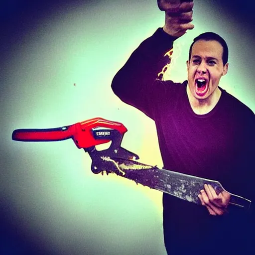Image similar to “Brendon Fraser screaming holding a chainsaw made of lightning”