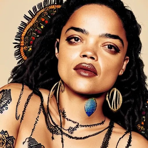 Image similar to A portrait of Tessa Thompson with exotic, intricate face tattoos , beautiful!!! digital art