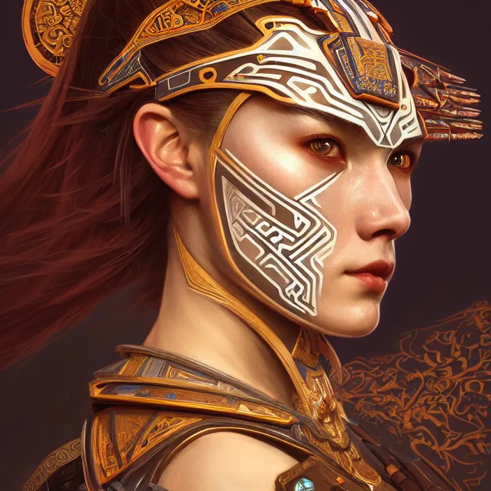 Prompt: symmetry! portrait of a caucasian female warrior, face decorated with chinese opera motifs, leds horizon zero dawn machine, intricate, elegant, highly detailed, digital painting, artstation, concept art, smooth, sharp focus, illustration, art by artgerm and greg rutkowski and alphonse mucha, 8 k