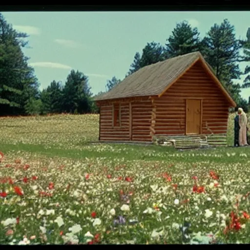 Image similar to vhs 1 9 8 0 s footage of a scene from the movie midsommar, center of screen a - line shaped wooden cabin on fire center of screen, field of flowers