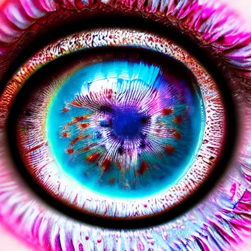 Prompt: closeup of iris of an eye, colorful, hyper - detailed, sharp, macro, realistic, psychedelic