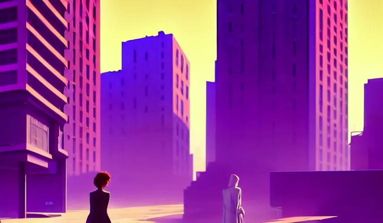 Prompt: a beautiful and immaculate overcast futuristic city. the silhouette of a stylish beautiful sean young as rachel standing in an alleyway. vaporwave ombre rendering. outrun style. trending on artstation. recommended for you behance. by chris moore. by edward hopper. beeple colors. ambient occlusion. digital matte painting. metropolis filmic. gotham city.