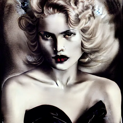 Prompt: stunning black and white portrait of a beautiful blonde woman by herb ritts. long curly glossy hair and makeup. vintage glamour. shiny dark lips. fashion photography. highly detailed and realistic watercolor painting on canvas. brush strokes.