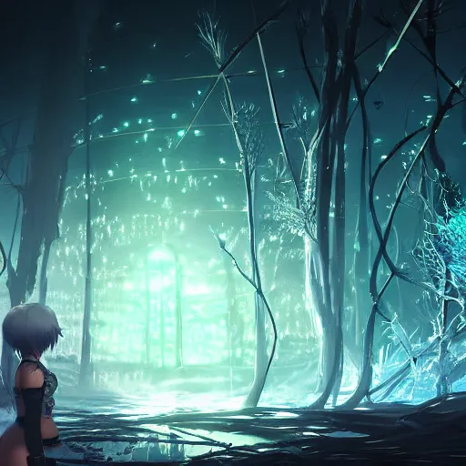 Image similar to scenery artwork, scene luminous, bioluminescent acrylic and cold nier automata pixiv scenery artwork : nature dream wire vegetation magic density infinite, macro seminal dream points of icy, frozen vaporwave shards tempted to turn into a dream scenery, high quality topical render, nier automata, concept art