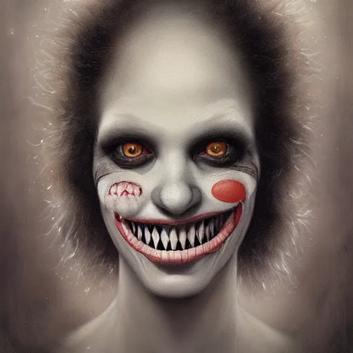 Prompt: By Tom Bagshaw, ultra realist soft painting of a curiosities carnival by night, Female Clown big smile long tongue dirty teeth and dressed, horror, omnious sky, symmetry accurate features, very intricate details, black and white, volumetric light clouds