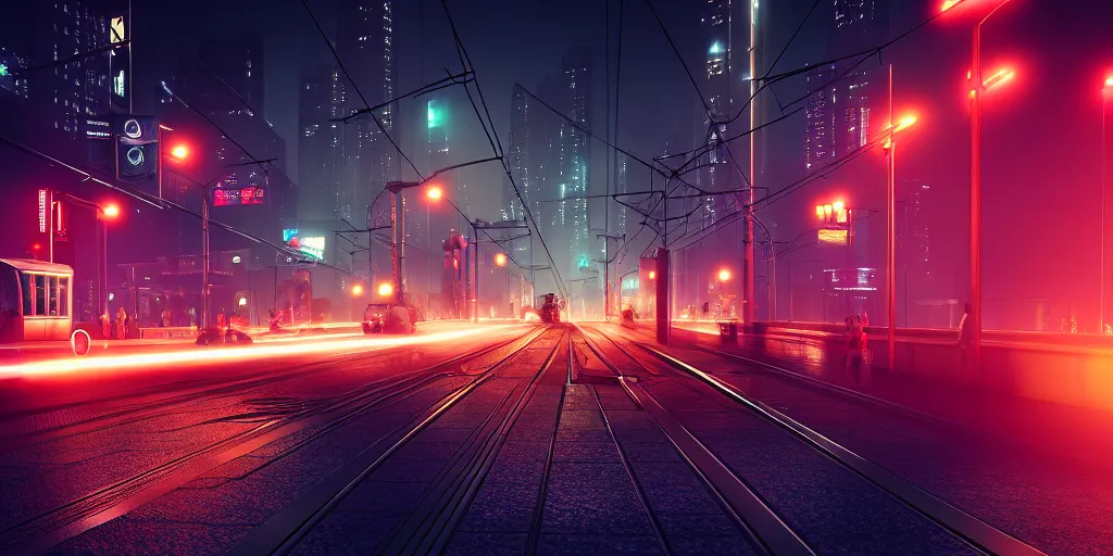 Image similar to tram on viaduct crossing the city at night time ， blade runner 2 0 4 9, 4 k resolution, ultra wide angle, cinematic, octane render