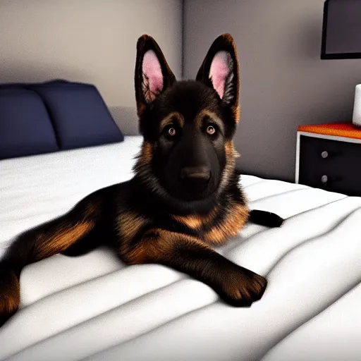 Image similar to in my bedroom my gsd puppy gets the'zoomies'and jumps around on the bed and color comforter. high energy, frenetic craziness, running, jumping, and chasing. cg animation, 3 d octane render, imax 7 0 mm, rtx