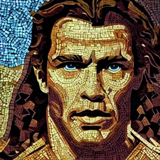 Image similar to ancient greek mosaic of arnold schwarzenegger in zelda movie