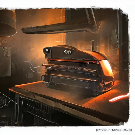 Image similar to cyborg toaster oven repairman, dark messy smoke - filled cluttered workshop, dark, dramatic lighting, orange tint, sparks, plasma rays, cinematic, highly detailed, sci - fi, futuristic, movie still, rule of thirds composition