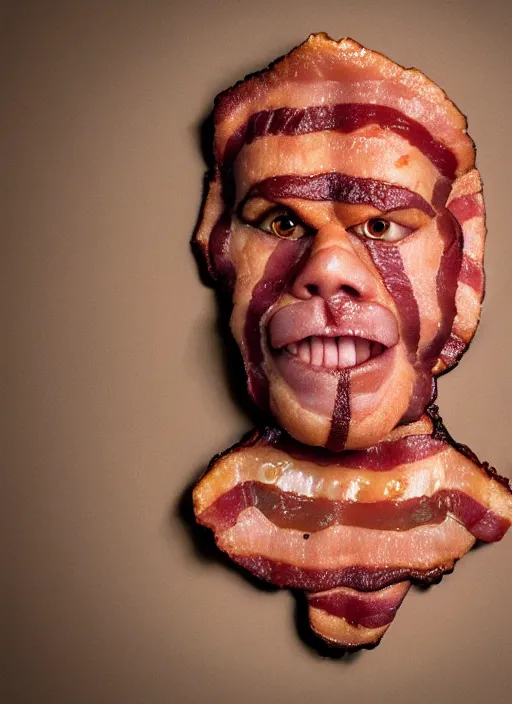 Image similar to bacon in the shape of a human face, human face made out of bacon, kevin bacon made out of bacon, professional food photography, unreal engine