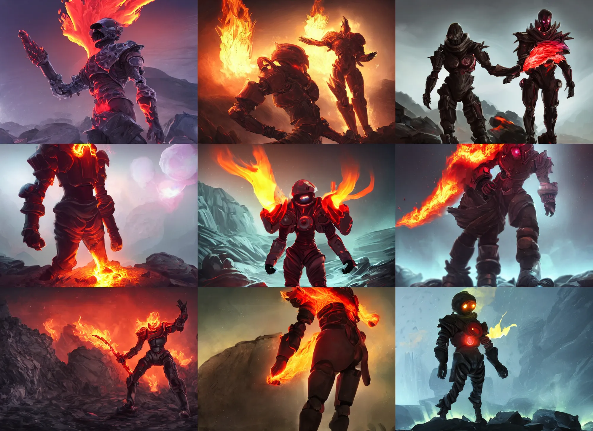 Prompt: Techno organic android armor with a red scarf made of fire billowing behind him and skull gauntlets standing in a rock quarry, moonlit night, full body single character, League of Legends Character Splash Art, rubber suit, Arcane style, action scene, fight scene, good value control, high quality, 4k, ultra realistic, highly detailed, illustration, promotional image, matte painting, rule of thirds, centered, cinematography