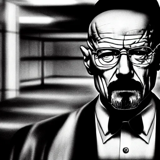 Prompt: walter white in a white suit, holding a pistol, cinematic still, dramatic lighting, harsh light and shadows