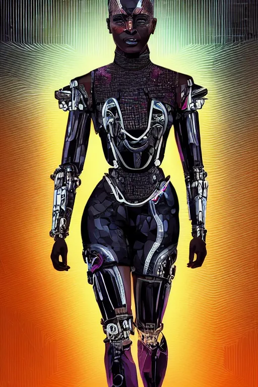 Image similar to full body portrait of the African Android Queen, by DC comics and Sandra Chevrier and beeple, artstation, volumetric lighting, hyperrealism, futuristic royalty, strong and muscular, award winning costume design, cybernetic bionic cyborg, fashion show runway, futuristic fine textures, woven with electricity, high fashion superpowers, wakanda, 4k UHD, 35mm