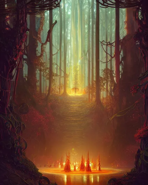 Prompt: magical forest city of the elves, fireflies, deep focus, d & d, fantasy, intricate, elegant, highly detailed, digital painting, artstation, concept art, matte, sharp focus, illustration, hearthstone, art by greg rutkowski and alphonse mucha and andreas rocha