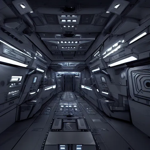 Prompt: the interior of a sci-fi stealth ship, dark colors, sci-fi, militaristic, highly detailed, unreal engine 5, studio lighting, cinematic, 4k