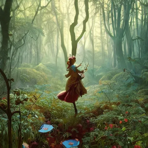 Image similar to alice in wonderland, surreal forest background, dramatic lighting, high detail, painted, by greg rutkowski, painted by stanley artgerm, painted by alphonse mucha, trending on artstation