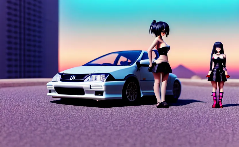 Prompt: photograph of a cell-shaded Honda EK9 Type-R with an anime girl, on a desert road with a futuristic city in the horizon, one point perspective, 1-point perspective, tilt shift, sigma 85mm f/1.4, 4k, depth of field, high resolution, 4k, 8k, hd, full color