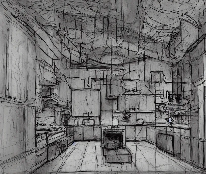 Image similar to An of interior of a kitchen at night, rotoscoped, rotoscope, photoshop, photomanipulation, realism, painting, illustration and sketch, weird scribbles, hybrid styles, hybrid art styles, mismatched, trending on artstation, trending on deviantart, weird, quirky, interesting, very detailed, highly detailed, HD Quality, 4k resolution, 8k resolution, in the style of David Firth, in the style of James Lee, in the style of Drue Langlois,