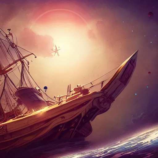 Prompt: pirate ship sailing through space with distant planets visible in the background no water, trending on artstation, ultra fine detailed, hyper detailed, hd, concept art, digital painting